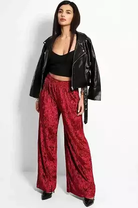 Wine Crushed Pleated Velvet Wide Leg Trousers