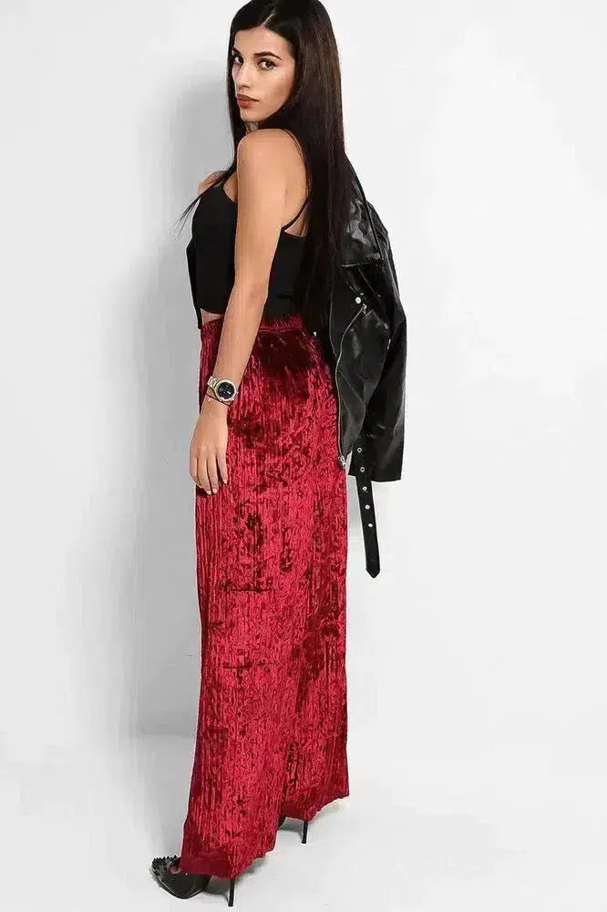 Wine Crushed Pleated Velvet Wide Leg Trousers