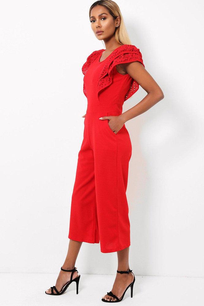 Wine Red Double Wing Sleeves Cropped Wide Leg Jumpsuit