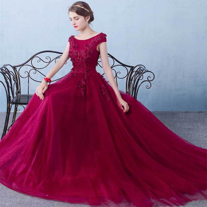 Wine Red Long Tulle Round Neckline Lace Applique Prom Dress, Tulle Evening Dress