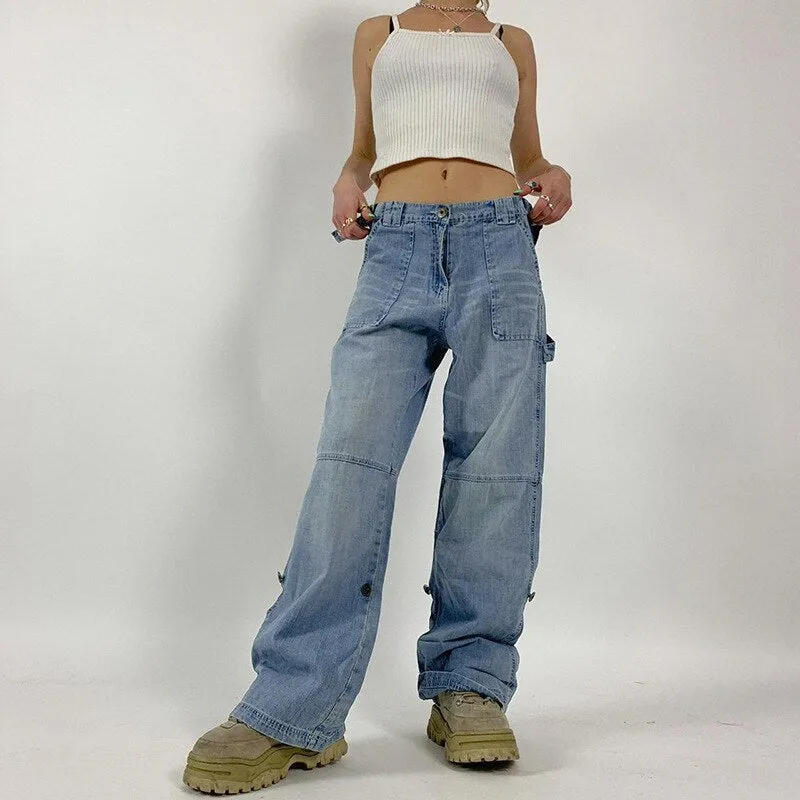 Women Baggy Denim Cargo Jeans High Waist Vintage Hollow Out Long Pants Streetwear Harajuku Straight Legs Blue Trousers