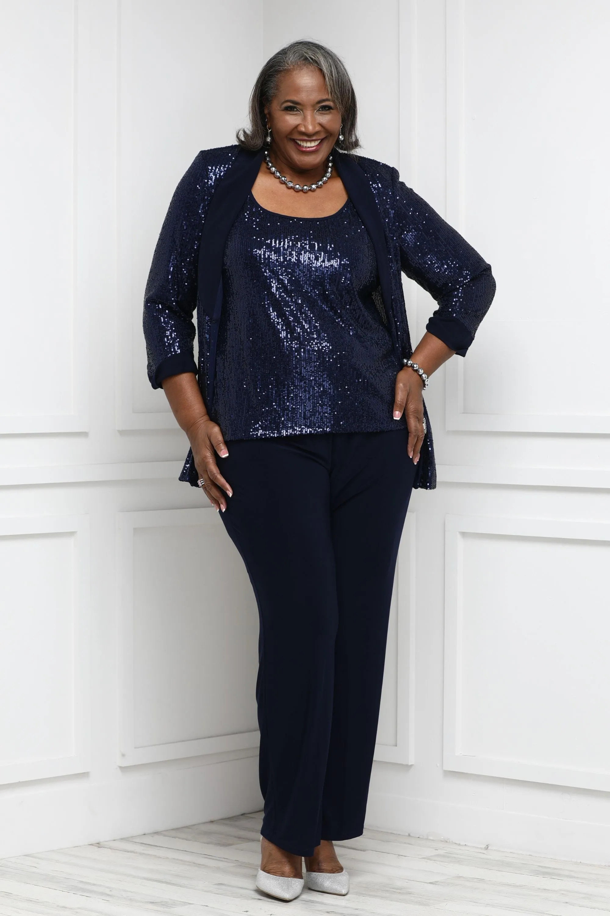 Women Plus Size Sequin Beaded Jacket and Pantsuit