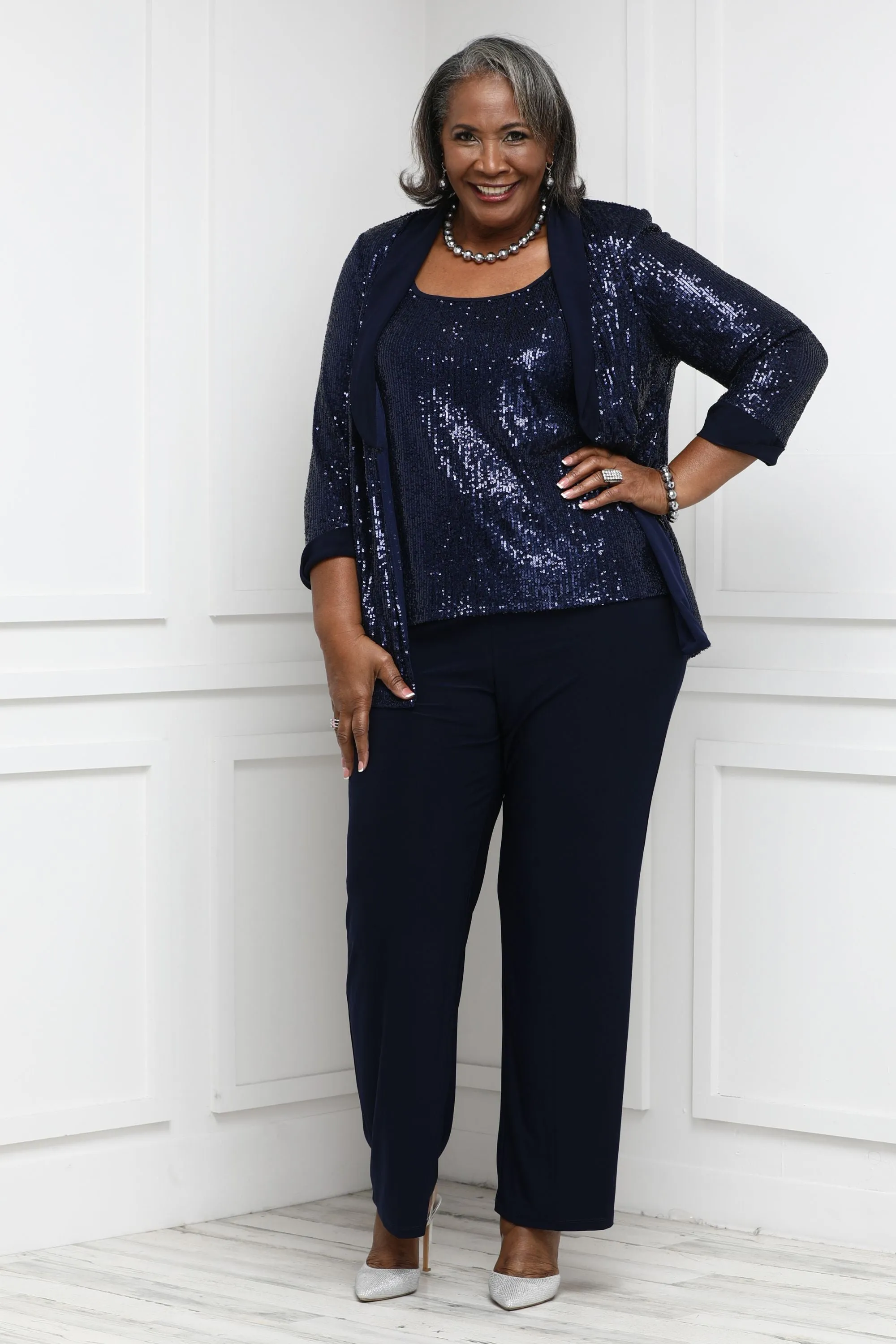 Women Plus Size Sequin Beaded Jacket and Pantsuit