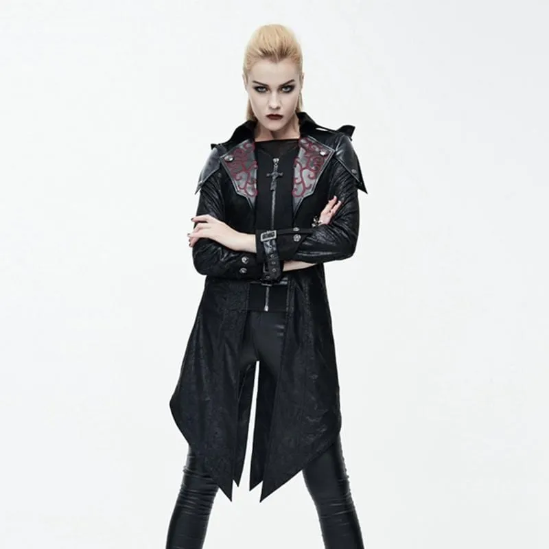 Women's Asymmetric Hem Hooded Goth Coat with Leather Details