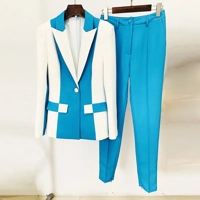 Women's Designer Runway Contrast Color Block Blazer Pencil Pants Set