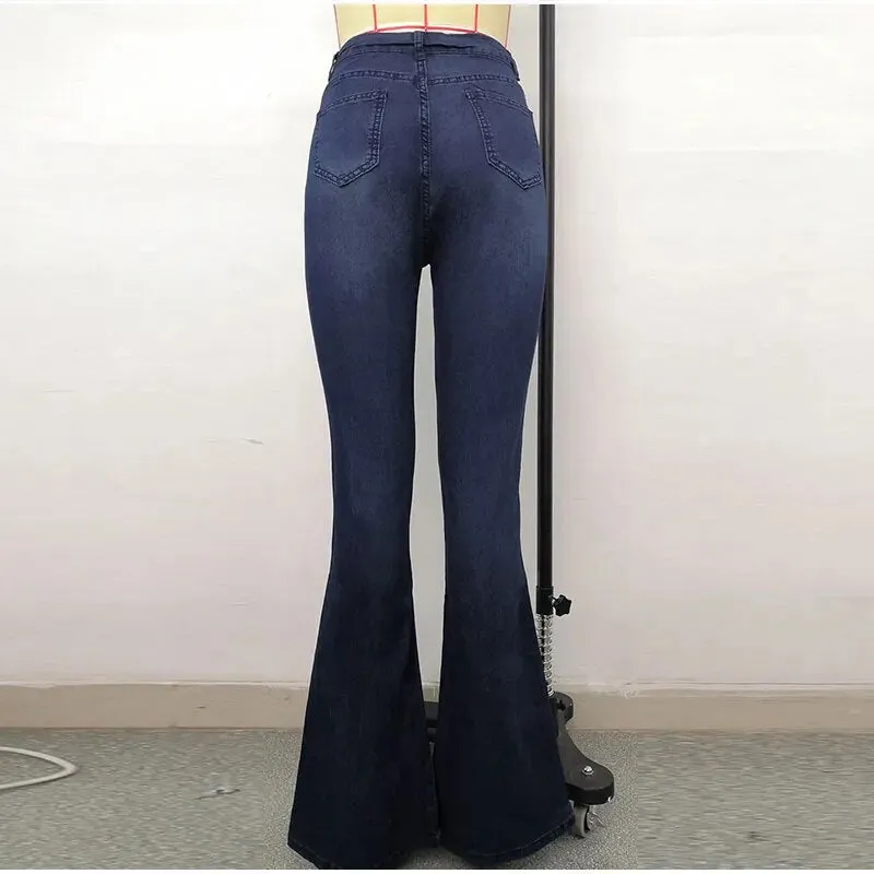 Women's Vintage Distressed Stretchy Skinny Wide Leg Flare Jeans